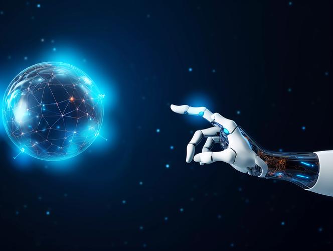 人工智能ai未来科技机械手臂3d机器人手技术和科学概念机器人手指触摸